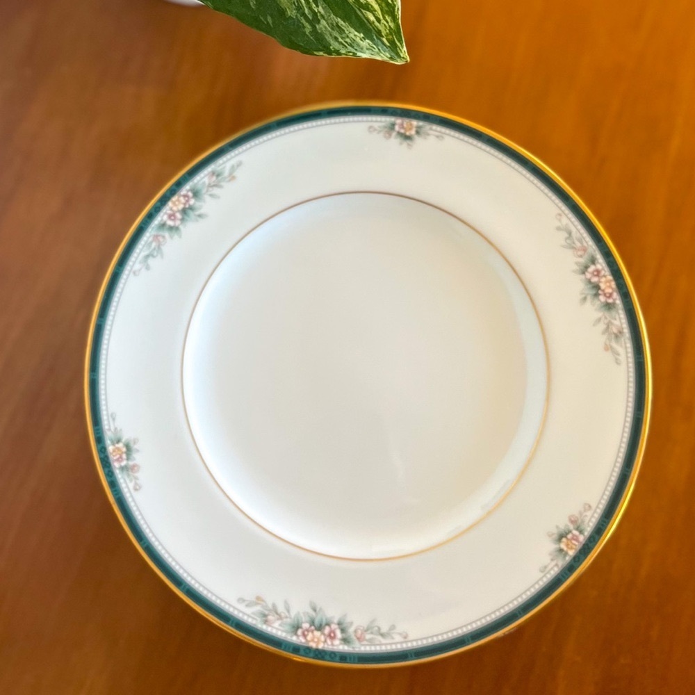 Set of 6 Noritake Landon 4111 Teal & Gold Flower Rimmed Dinner Plates VTG